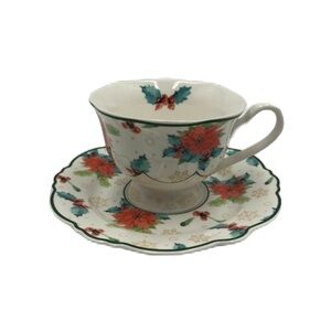 Eileen's Reserve New Anchor Inc Tea Cup and Saucer Set Poinsettia Floral Design